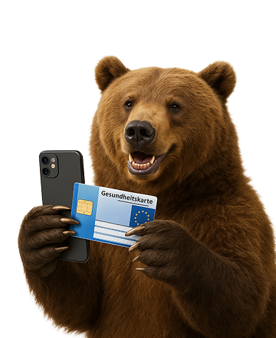Bär mit Smartphone und Gesundheitskarte